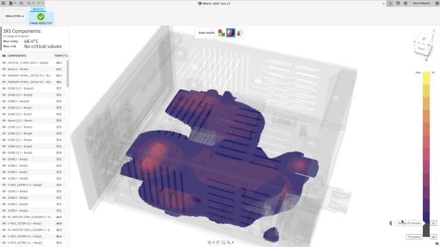 A temperature gradient produced by Fusion 360’s electronics cooling extension. (Image: Autodesk.)