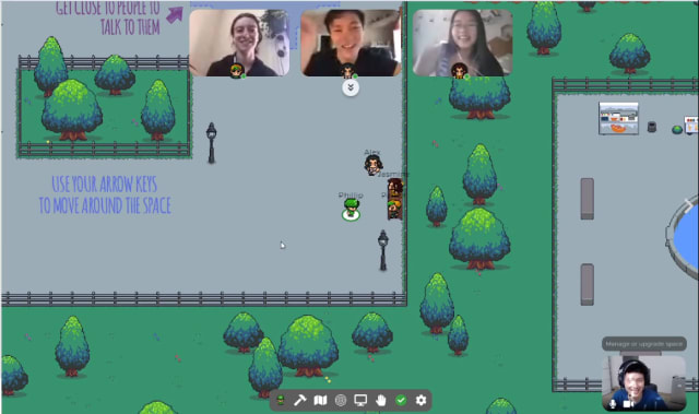 Participants can join presentations and conversations with video and audio. (Courtesy of Gather.town.)