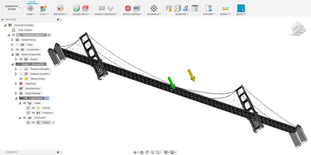 The padlocks on the bottoms of the towers and end supports indicate fixed constraints, and the yellow and green arrows indicate gravity and a pressure of 7.8kPa on the bridge deck, respectively.