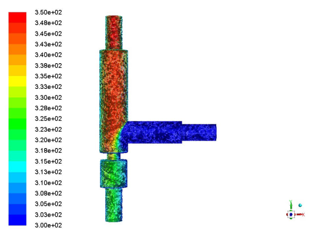 ANSYS Fluent T-junction mixing example done with Rescale, a leading HPC cloud service provider for engineering simulation, shows a hot water and cold-water inlet, with mixing and calculation of temperature at the outlet. (Image courtesy of Rescale.)