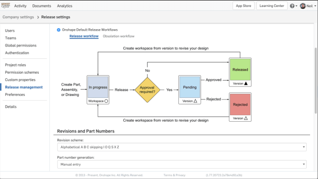Onshape now offers a formal release workflow process. (Image courtesy of Onshape.)