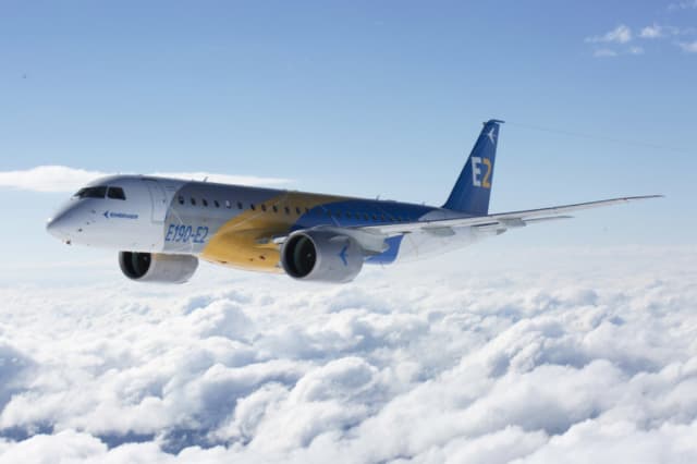 The Embraer E190-E2’s first flight gained it a trifecta of on-time certifications. (Imaged courtesy of Embraer.)
