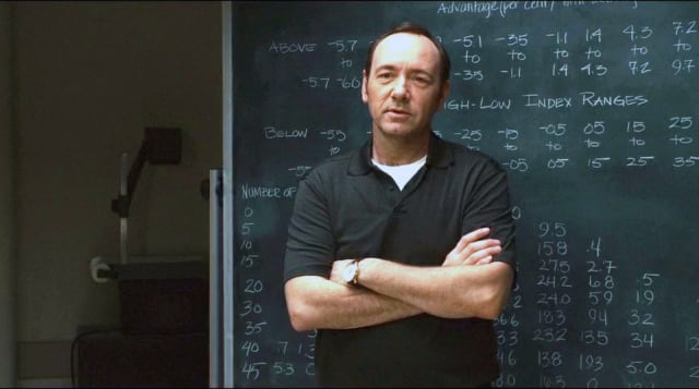 Any questions? Kevin Spacey plays Mickey Rosa, a math professor at MIT, who does the math for winning at blackjack in a scene from 21. I am not that guy, says Jon Hirschtick. (Picture courtesy of IMDB.)