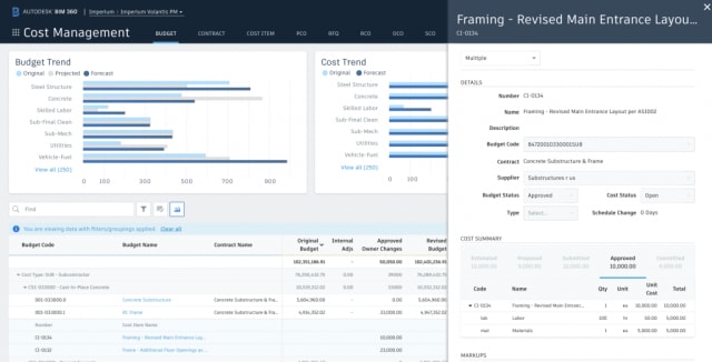 An interface from Autodesk’s new Cost Management tool, part of its BIM 360 platform.(Image courtesy of Autodesk.)