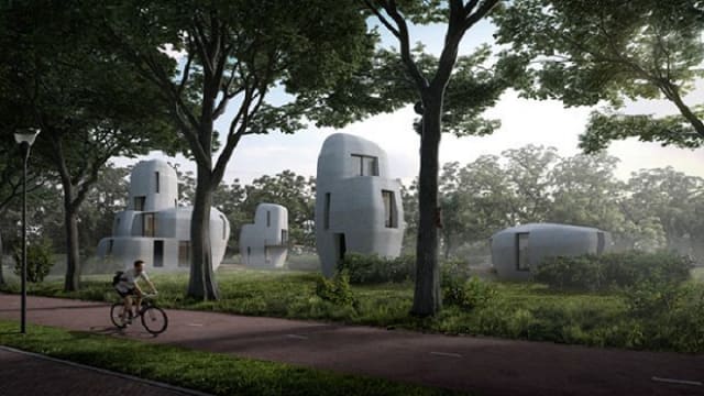 An artist impression of the houses, which one partner described as having “stone shapes.” (Image courtesy of Houben/Van Mierlo architects, via Eindhoven University of Technology.)