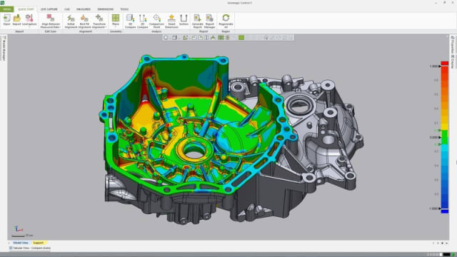 A snapshot of the new Geomagic Control X 2018 software, featuring a new user interface designed to help aerospace and automotive manufacturers reduce calculation time by 50 percent to increase efficiency paths to inspection results. (Image courtesy of 3D Systems.)