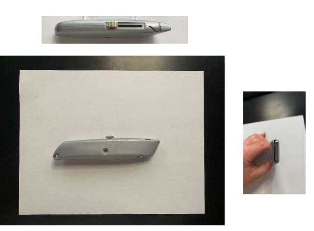Images 1-3: Top, front and side views of a cutting tool.