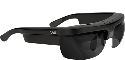 The glasses provide all kinds of information instantly at any time and place. The hardware included in the glasses includes a camera for tracking objects and a microphone and speakers for audio capability. (Image courtesy of Osterhaut Design Group.)