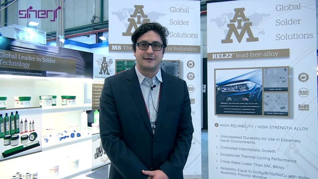 Display showcasing AIM’s REL22 alloy. (Image courtesy of AIM Solder.)