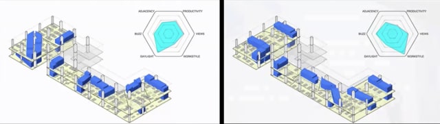 Autodesk used a similar generative design technique to iterate the layout of its Toronto office based on an employee survey. (Images courtesy of Autodesk.)