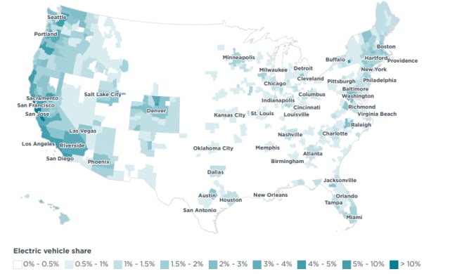 The top 50 most populous U.S. cities accounted for 80 percent of 2019 EV sales. (Image courtesy of ICCT.)