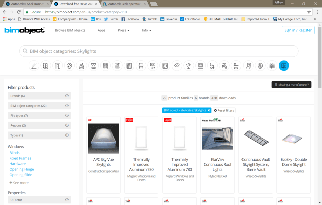BIMobject search results for skylights. (Image courtesy of BIMobject.)