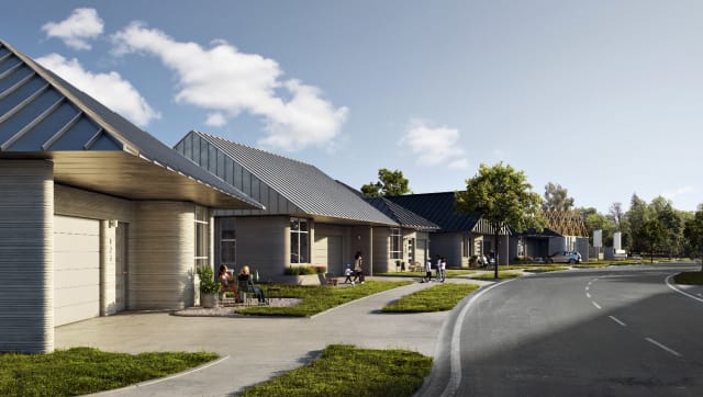 An artist’s rendering of the homes that ICON plans to build in Austin, TX. (Image courtesy of ICON Build.)