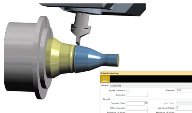 When machining complex profiles, a new Surfcam feature positions the insert in a way that affords smoother access to the material that is being machined on a turning center. (Image courtesy of Vero Software.)
