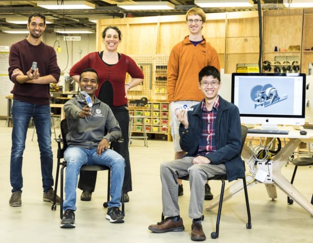The University of Washington team leading the 3D-printed wireless analytics project includes, from left, Vikram Iyer, Shyam Gollakota, Jennifer Mankoff, Ian Culhane and Justin Chan. (Image courtesy of Mark Stone, University of Washington.)