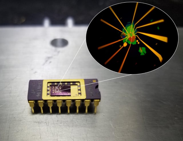 A clean transferred contact. The structure is wire-bonded to a 16-pin chip-carrier. (Image courtesy of Columbia )