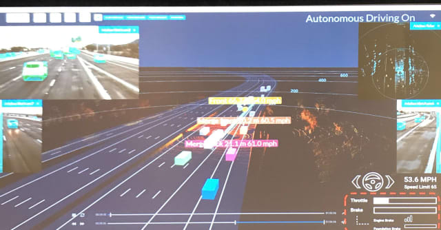 A vehicle merging onto the freeway is monitored, its behavior predicted, and the vehicle avoided by a TuSimple autonomous vehicle.This display is used for development of the AI system, but so it does not distract the driver, is not shown in the truck’s cab. (Image from a TuSimple presentation at GTC19; courtesy of TuSimple.)