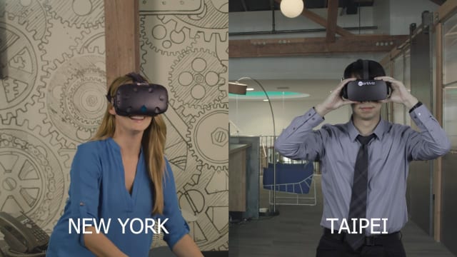 A snapshot of thevirtual user interface showing a teleconferenced digital avatar thinking about a jet engine part. (Image courtesy of WorldViz.)