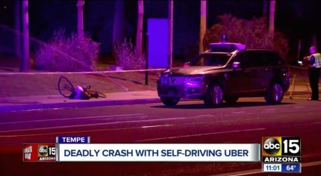 On March 19, 2018, an Uber self-driving car struck and killed Elaine Hertzberg in Tempe, Arizona. (Image courtesy of ABC15.)
