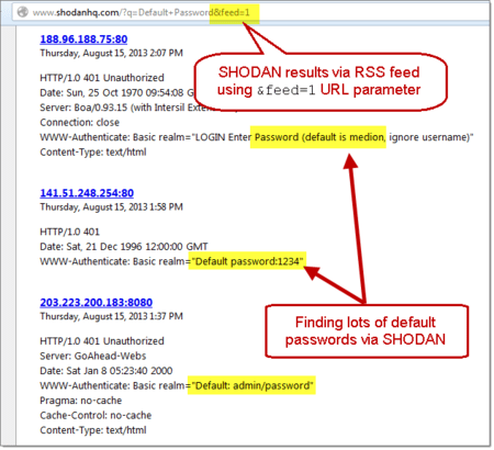 Could hacking be any easier? Shodan, a search engine for connected devices, exposes default passwords. (Image courtesy of Wikipedia.)