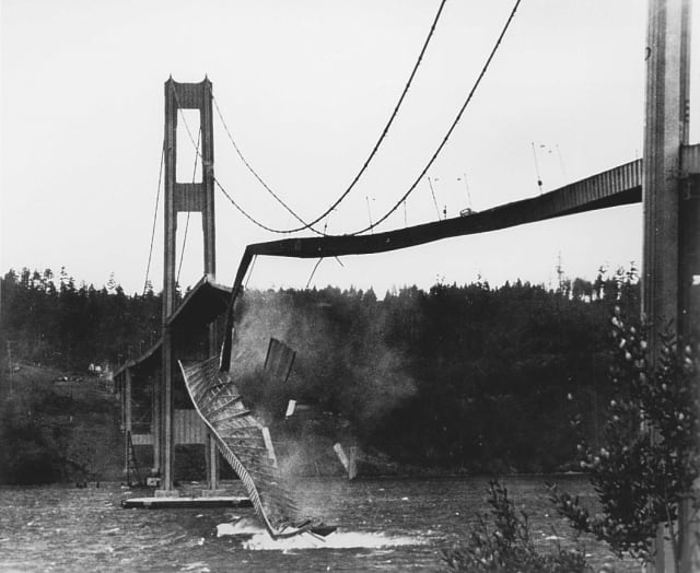 Tacoma Narrow Bridge’s collapse in 1940. (Image courtesy of Britannica.)