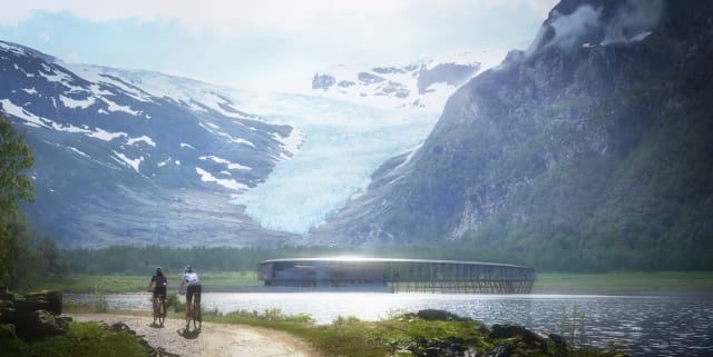 The exact shape of the hotel is designed so that solar panels receive the most amount of solar energy during the summer, while light is blocked from overheating the interior of the building. (Image courtesy of Snøhetta/Plompmozes.)