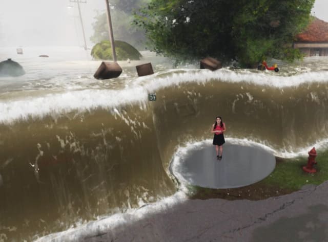 Hurricane Florence waters “rise” around meteorologist Erika Navarro, giving viewers a new experience of Mother Nature’s power. (Image courtesy of TWC.)