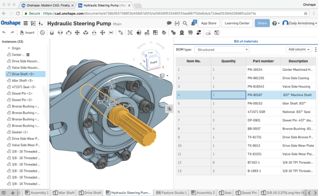 Onshape’s new Simultaneous BOM alongside a hydraulic steering pump assembly. (Image courtesy of Onshape.)
