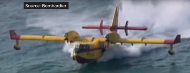 Bombardier's SuperScooper skims a lake's surface at a hundred miles per hour, filling its tanks to deposit the water over a fire. (Image from a Bombardier video.)