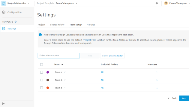 The Team Setup page in the Template Settings Window. (Image courtesy of Autodesk.)