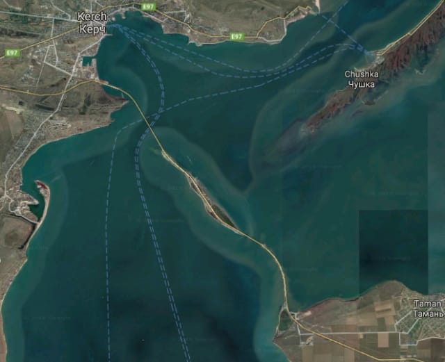 Composite satellite image of the completed bridge, stretching from the Crimean Peninsula (left) to Russia’s Taman Peninsula (right). Approximately one-third of the bridge passes over Tuzla, an island that legally belongs to Crimea (Image courtesy of Google Maps.)