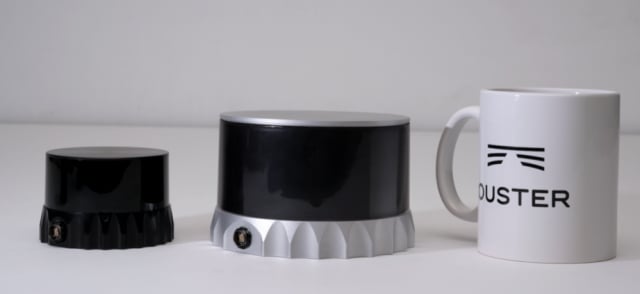 LiDAR units shrinking from Velodyne’s coffee can (not shown) to a coffee cup, then smaller. (Image courtesy of Ouster.)