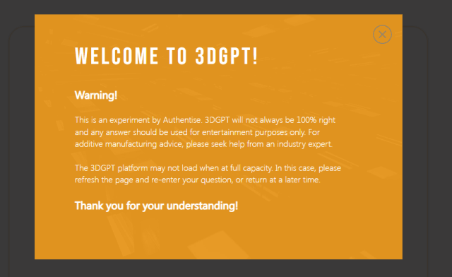 [Screenshot of 3DGPT welcome popup and warning // Image source: Author]