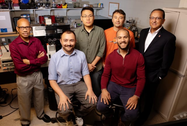 The biobot team: (from left) Professor Tahir Saif, graduate student Omar Aydin, graduate student Xiastian Zhang, Professor Mattia Gazzola, graduate student Gelson J. Pagan-Diaz, and Dean of Granger College of Engineering, Rashid Bashir.
