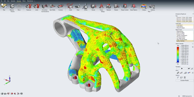 A model with generated lattice structures, analysed in Inspire. (Image courtesy of solidThinking.)