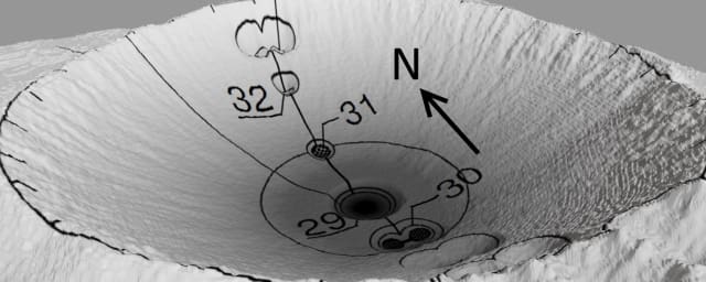 Omaha Crater pictured with crew facilities along the north/south centerline. Shielding near the east and west rims of the crater istoo weak for human safety. (Image courtesy of Lake Matthews.)