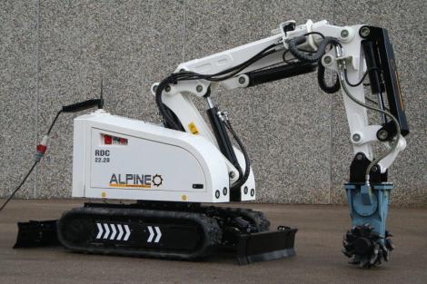 The Alpine RD220 Demolition Robot. Like most demolition robots, it takes the form of an autonomous excavator. and moves on rubber treads. (Image courtesy of CMSC.)
