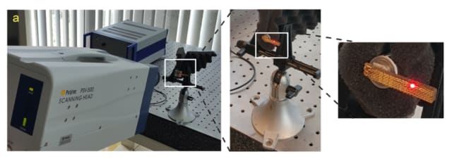 The team used Laser Doppler Vibrometry (LDV) equipment to measure the frequency response of 3DW lattice material at high frequencies. (Image courtesy of the University of Surrey.)