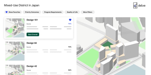 A prominent Japanese real estate development team used Delve to test different design scenarios for parcels, public space and height limits while evaluating financial return and quality of life. (Image courtesy of Sidewalk Labs.)
