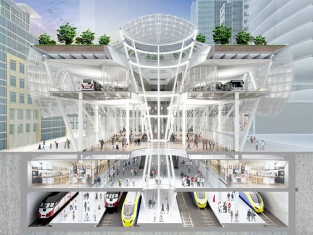 A cross-section of the Transbay Transit Center, featuring the rooftop garden, bus bay, ground floor and two underground floors. The design required changes midway through the project. (Image courtesy of TJPA.)