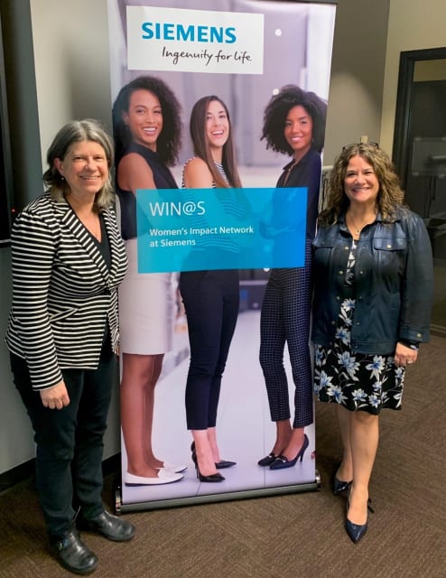 Women Network. Brenda Discher, right, with Mary Kay Petersen kicking off a Siemens Women’s Mentoring/Networking session as part of the WIN@S. (Women’s Impact Network at Siemens.)