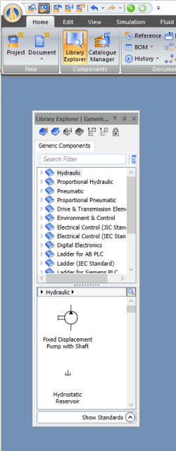 The Library Explorer window of hydraulic components and the toolbar icon needed to open it. (Image: Tom Spendlove.)