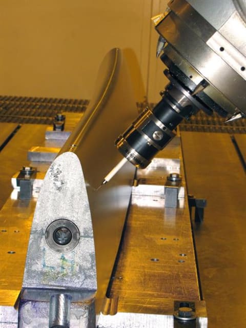The 5-axis coordinate measuring machine shown above can measure the true diameter of holes down to 0.098” using a 1mm stylus. The Altera CMM SCANtek 5 can inspect fine bores down to 5mm. (Image courtesy of Triumph Fabrications and Renishaw.)