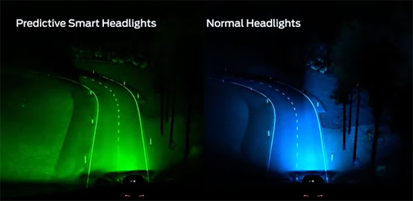 An example of standard headlight technology compared to Ford’s new predictive intelligent headlights. (Image courtesy of Ford.)