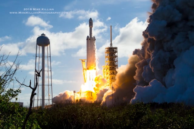 Figure 2. Falcon Heavy at liftoff. (Image courtesy of Mike Killian/AmericaSpace.com.)