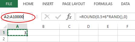 Figure 2: using the name box to select a large range of cells to copy the dice roll simulation formula