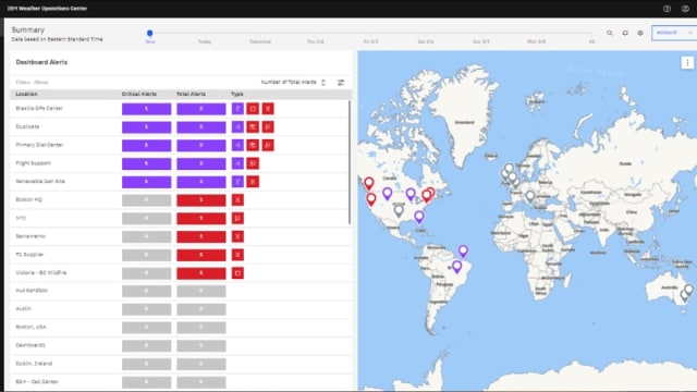 An example of the Environmental Intelligence Suite dashboard that summarizes weather impacts at all company-identified locations. (Image courtesy of IBM.)
