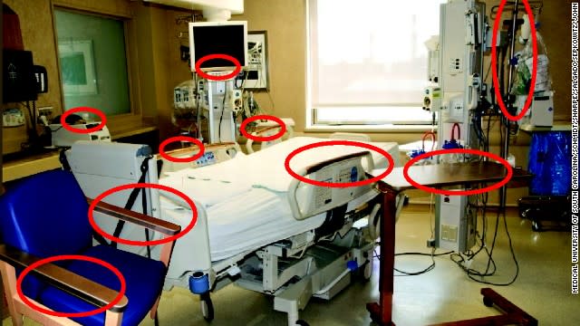 A little copper won’t kill you. Copper clad surfaces in an intensive care unit are shown circled. Copper cladding was found to reduce HAI, or healthcare-associated infections by 58 percent in one study. (Image courtesy of Medical University of South Carolina.)