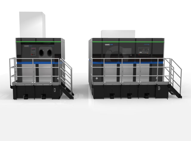The GE Additive Concept Laser M Line Factory system, with Material Handling Station on the left and Laser Processing Station on the right. (Image courtesy of GE additive.)
