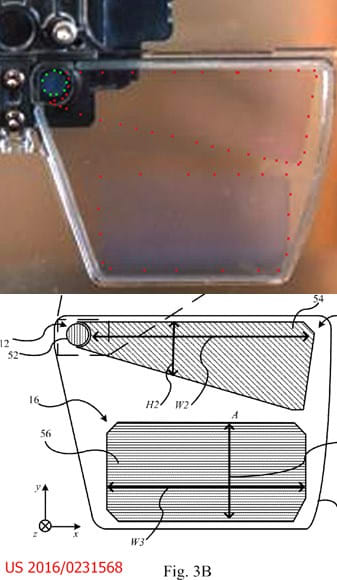 HoloLens uses a diffraction grating to bend the light to 45 degrees. The light then reflects off of flat surfaces within the glass and bounces off a triangular “fold zone”, which redirects the light 90 degrees into an exit zone DOE. The exit zone DOE reduces the angle of the light, canceling out the TIR effect, and allows the light to exit the glass toward the user’s eyeball. (Image courtesy of HoloLens.)